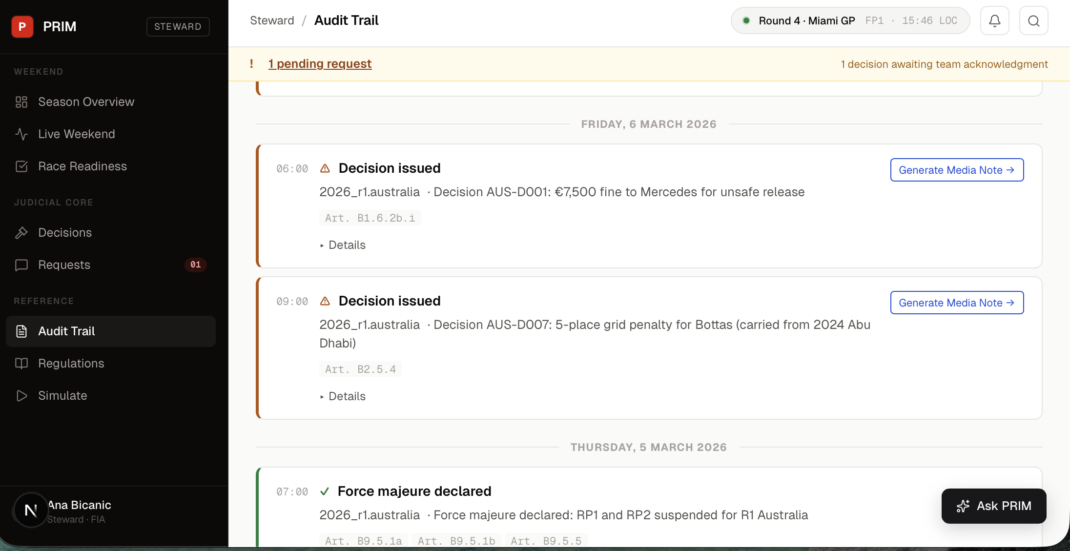 Audit Trail showing decisions issued with Generate Media Note buttons