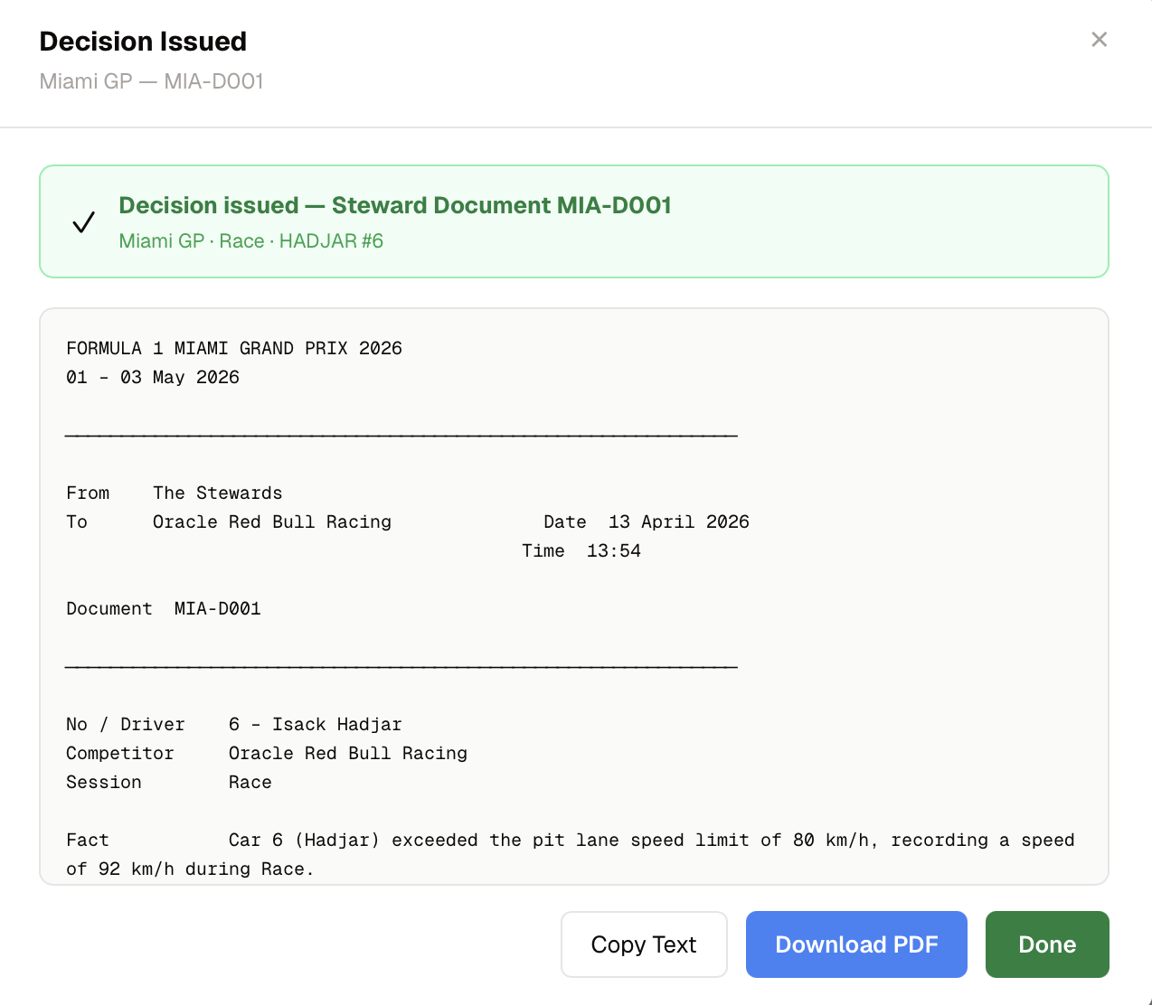 Decision Issued dialog showing the formal FIA document format