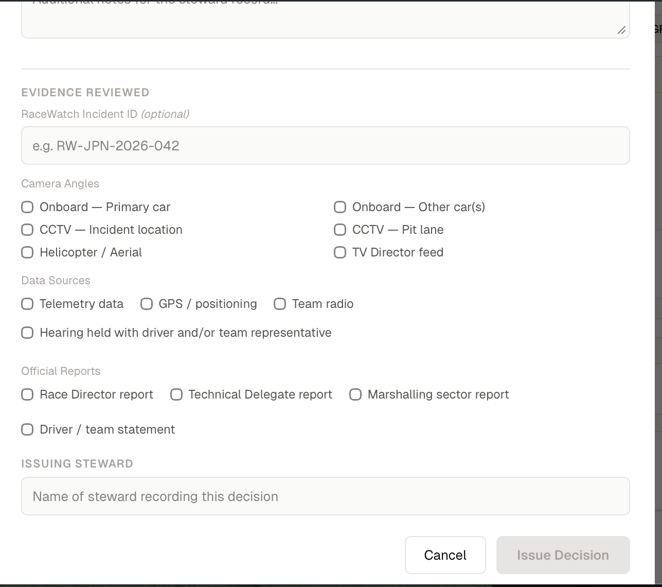 Evidence Reviewed section with camera angles, data sources, and official reports
