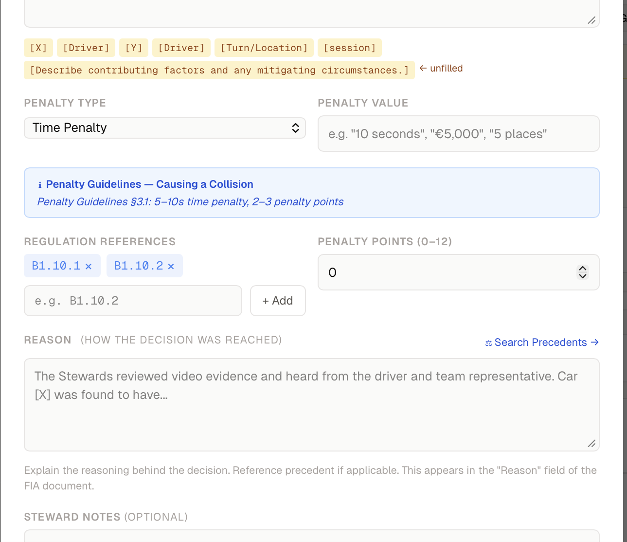 Decision draft with penalty type, regulation references, and reason field