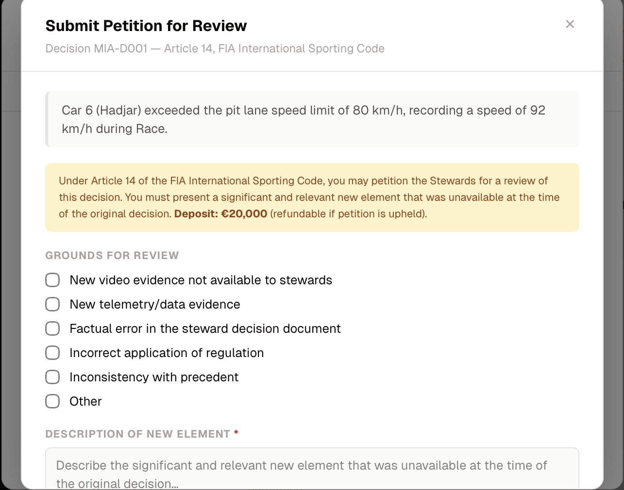 Submit Petition for Review dialog under FIA Article 14